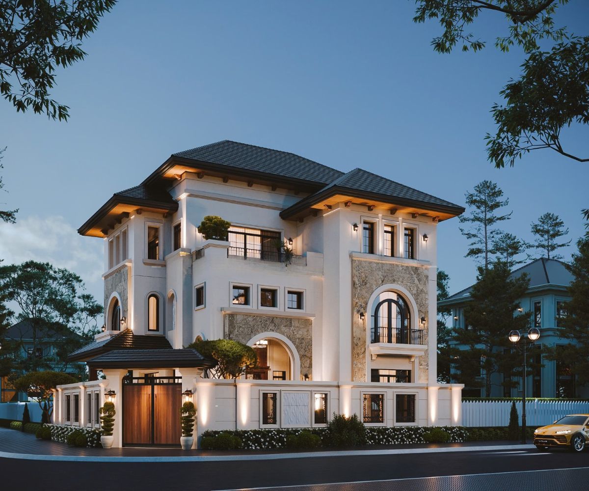 20+ Mẫu Biệt Thự 3 Tầng 4 Phòng Ngủ Đẹp, Tiện Nghi Kèm Bản Vẽ 5 Mẫu biệt thự tân cổ điển 3 tầng 4 phòng ngủ sang trọng với gam màu trắng kem, mái xanh than và cửa vòm mềm mại (Ảnh: Sưu tầm)