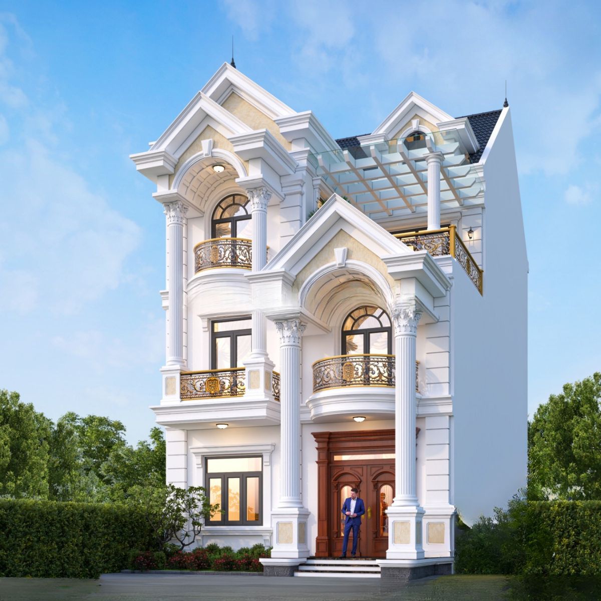 20+ Mẫu Biệt Thự 3 Tầng 4 Phòng Ngủ Đẹp, Tiện Nghi Kèm Bản Vẽ 8 Biệt thự 3 tầng 4 phòng ngủ mái Thái nổi bật với hệ mái dốc cao, giật cấp và khả năng thoát nước mưa hiệu quả (Ảnh: Sưu tầm)