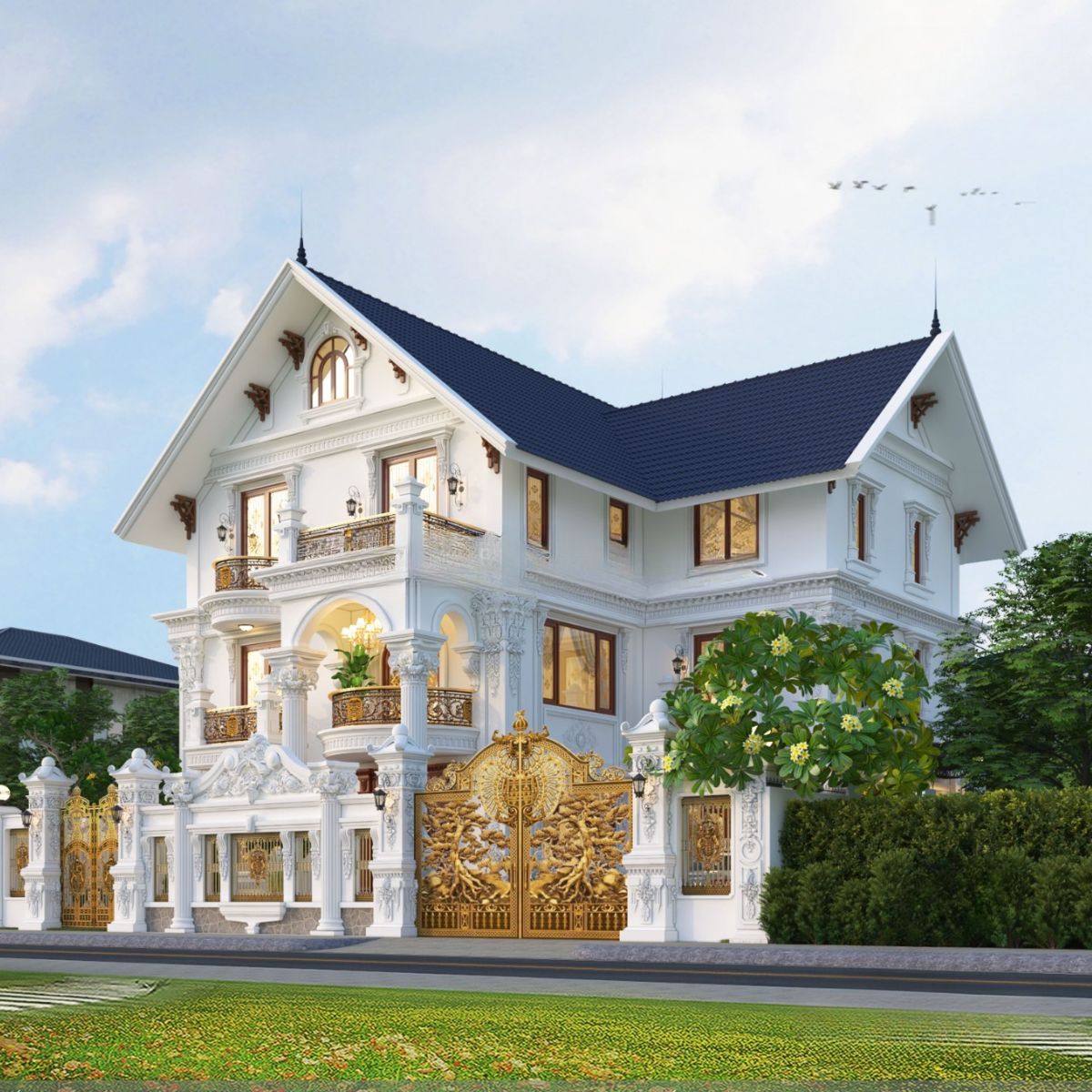 20+ Mẫu Biệt Thự 3 Tầng 4 Phòng Ngủ Đẹp, Tiện Nghi Kèm Bản Vẽ 9 Mẫu biệt thự mái Thái 3 tầng 4 phòng ngủ kết hợp hệ cột vuông, ban công thanh thoát và mái ngói xanh than (Ảnh: Sưu tầm)