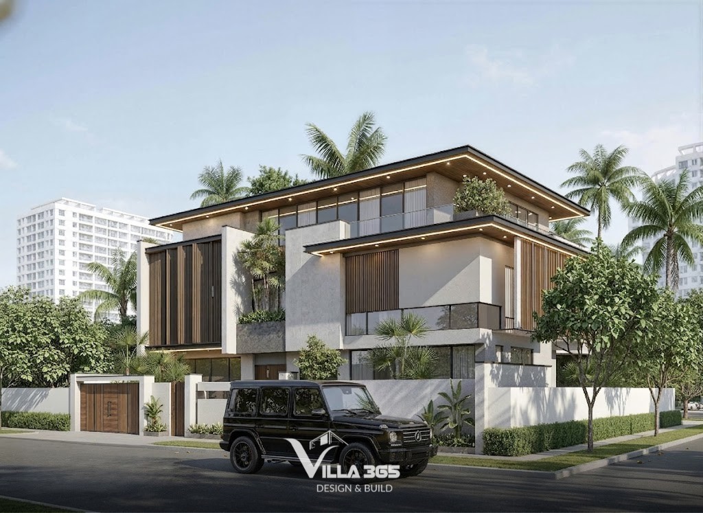 20+ Mẫu Biệt Thự 3 Tầng 4 Phòng Ngủ Đẹp, Tiện Nghi Kèm Bản Vẽ 10 Biệt thự 3 tầng 4 phòng ngủ mái bằng mang phong cách hiện đại với hình khối mạnh mẽ và đường nét kiến trúc dứt khoát