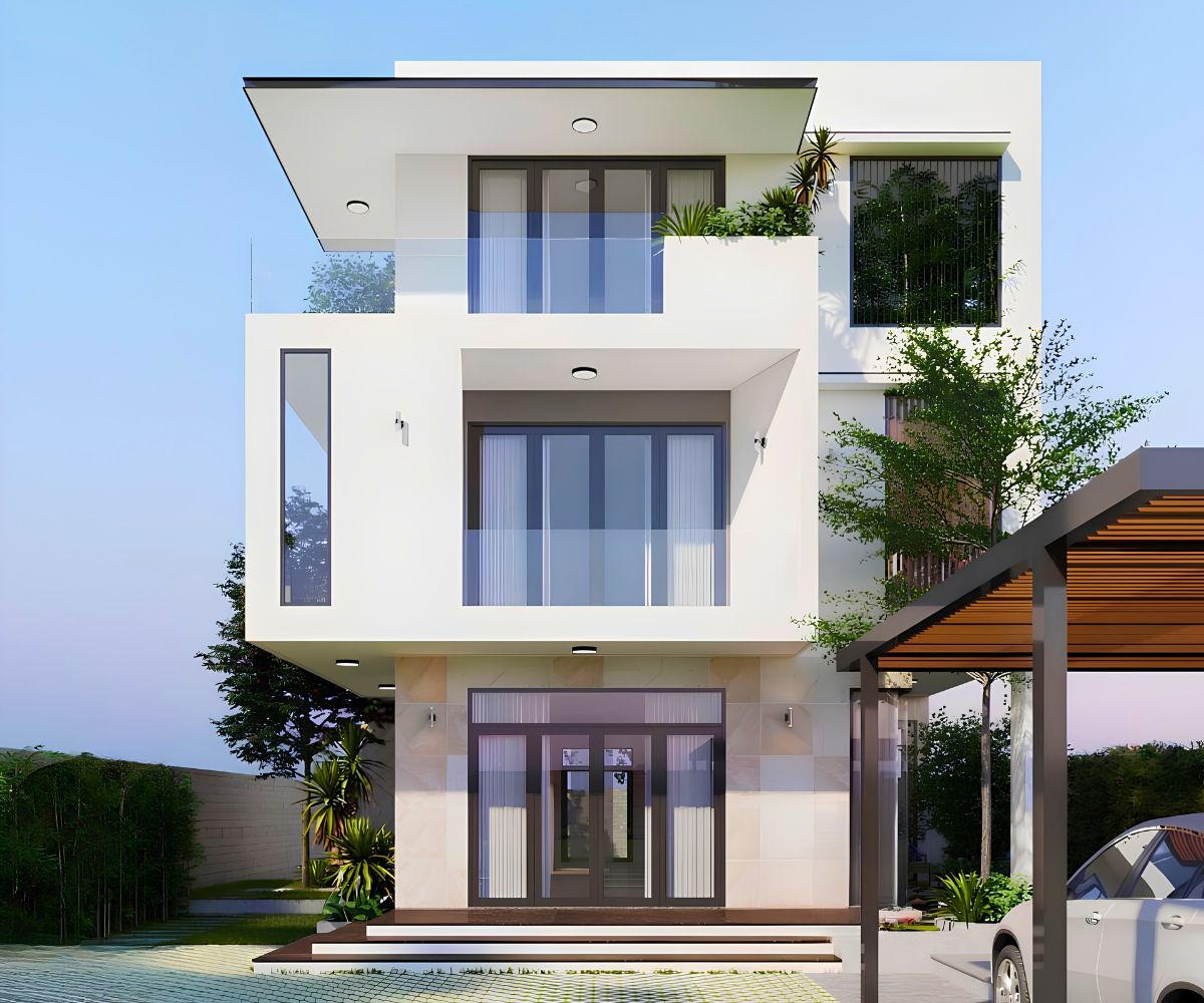 20+ Mẫu Biệt Thự 3 Tầng 4 Phòng Ngủ Đẹp, Tiện Nghi Kèm Bản Vẽ 15 Biệt thự 3 tầng 4 phòng ngủ có gara kết hợp ban công rộng và khoảng sân trước thoáng đãng (Ảnh: Sưu tầm)