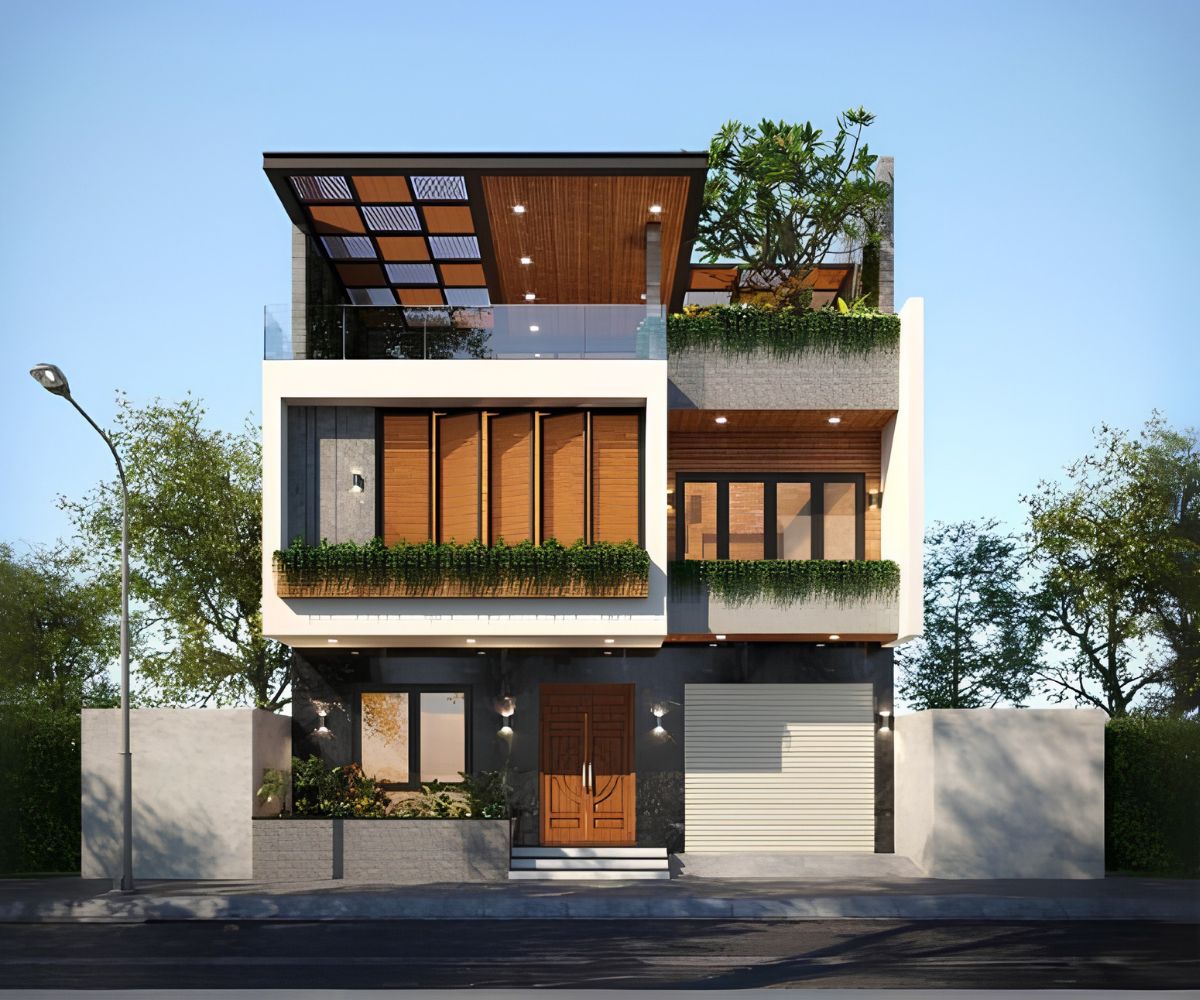 20+ Mẫu Biệt Thự 3 Tầng 4 Phòng Ngủ Đẹp, Tiện Nghi Kèm Bản Vẽ 16 Thiết kế biệt thự 3 tầng 4 phòng ngủ mặt tiền 10m với bố cục kiến trúc cân đối và hệ ban công rộng (Ảnh: Sưu tầm)