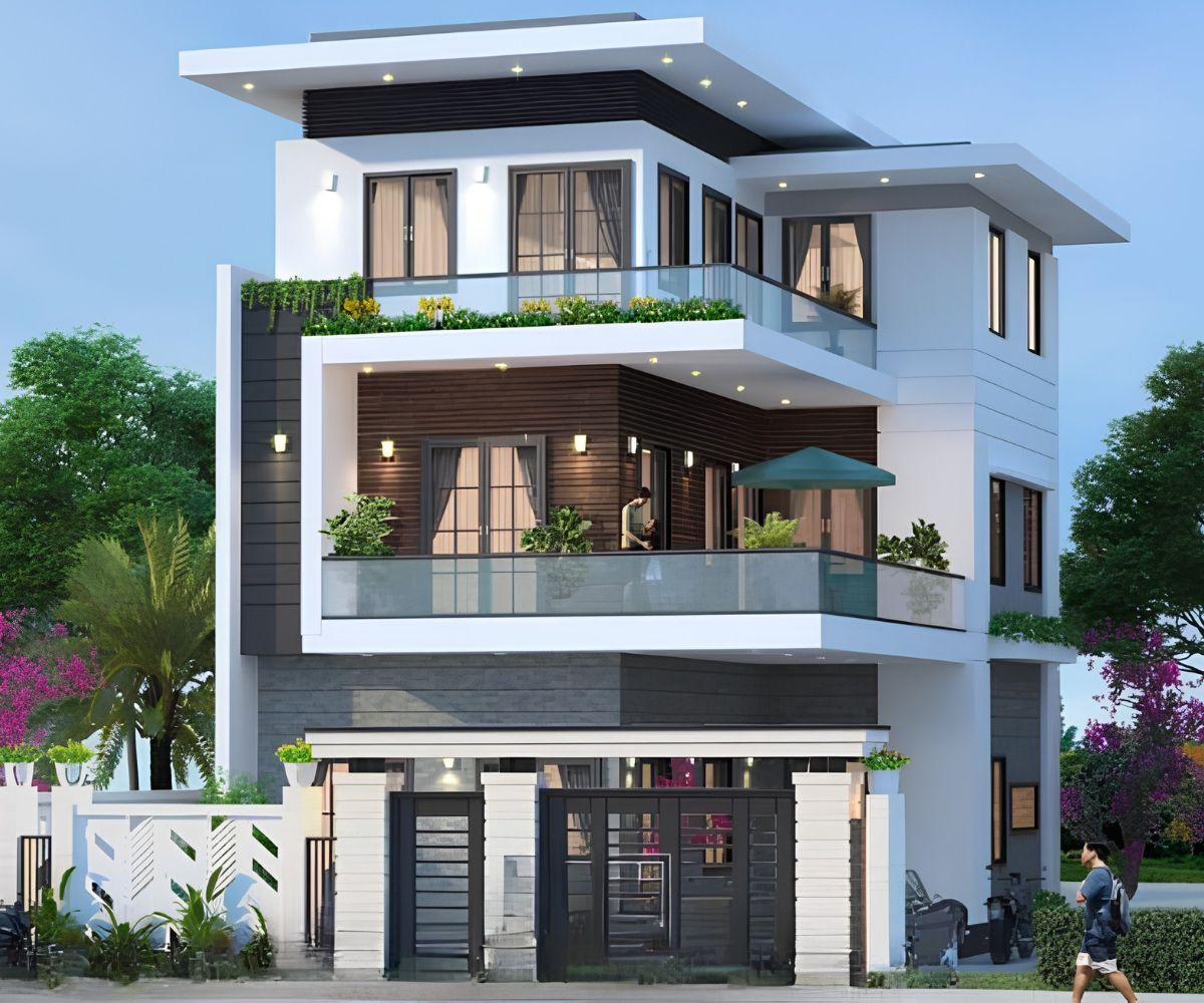 20+ Mẫu Biệt Thự 3 Tầng 4 Phòng Ngủ Đẹp, Tiện Nghi Kèm Bản Vẽ 17 Biệt thự 3 tầng 4 phòng ngủ chữ L tạo khoảng sân bên hông, tăng diện tích mặt thoáng và kết nối cảnh quan (Ảnh: Sưu tầm)