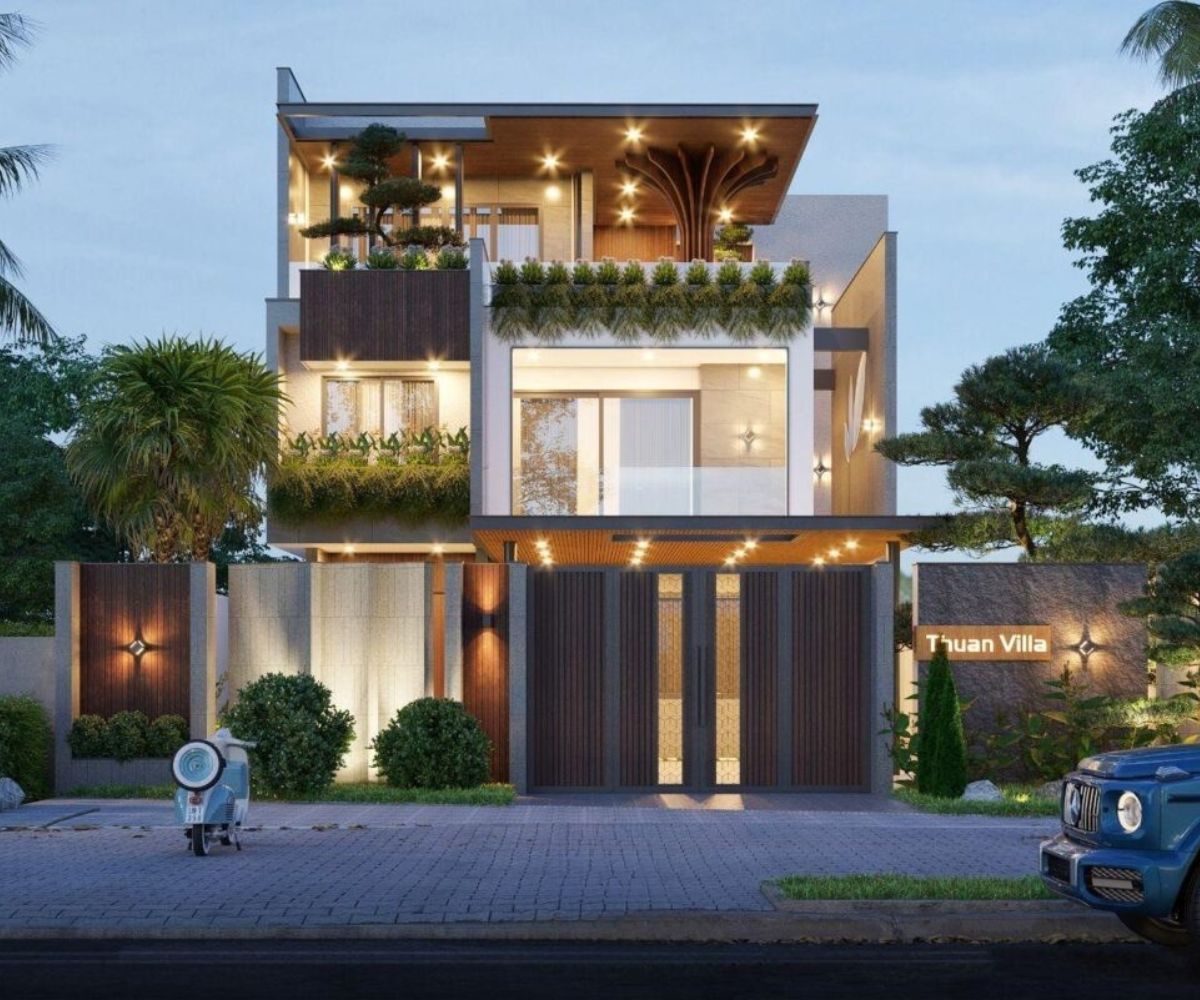 20+ Mẫu Biệt Thự 3 Tầng 4 Phòng Ngủ Đẹp, Tiện Nghi Kèm Bản Vẽ 20 Biệt thự 3 tầng 4 phòng ngủ 100m2 với kiến trúc hiện đại, mái bằng tối giản và ban công kính thanh thoát (Ảnh: Sưu tầm)