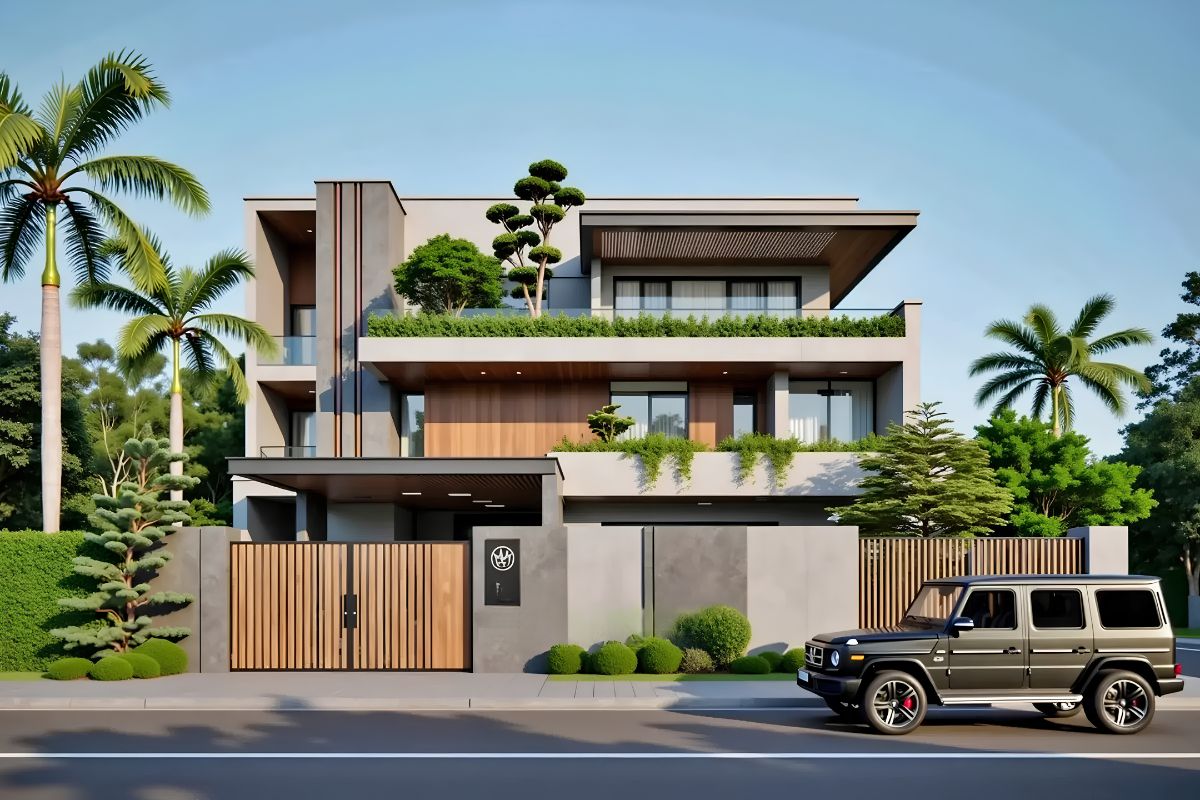 20+ Mẫu Biệt Thự 3 Tầng 4 Phòng Ngủ Đẹp, Tiện Nghi Kèm Bản Vẽ 22 Biệt thự 3 tầng 4 phòng ngủ 150m2 hiện đại với hình khối phi đối xứng, mái bằng và mặt tiền kính sang trọng (Ảnh: Sưu tầm)