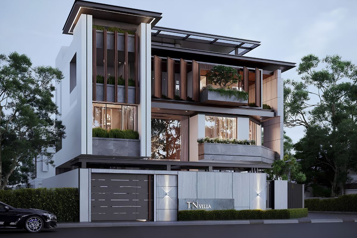 20+ Mẫu Biệt Thự 3 Tầng 4 Phòng Ngủ Đẹp, Tiện Nghi Kèm Bản Vẽ 23 Mẫu biệt thự 3 tầng 4 phòng ngủ có sân vườn kết hợp ban công rộng, hồ cảnh quan và các mảng xanh hài hòa (Ảnh: Sưu tầm)