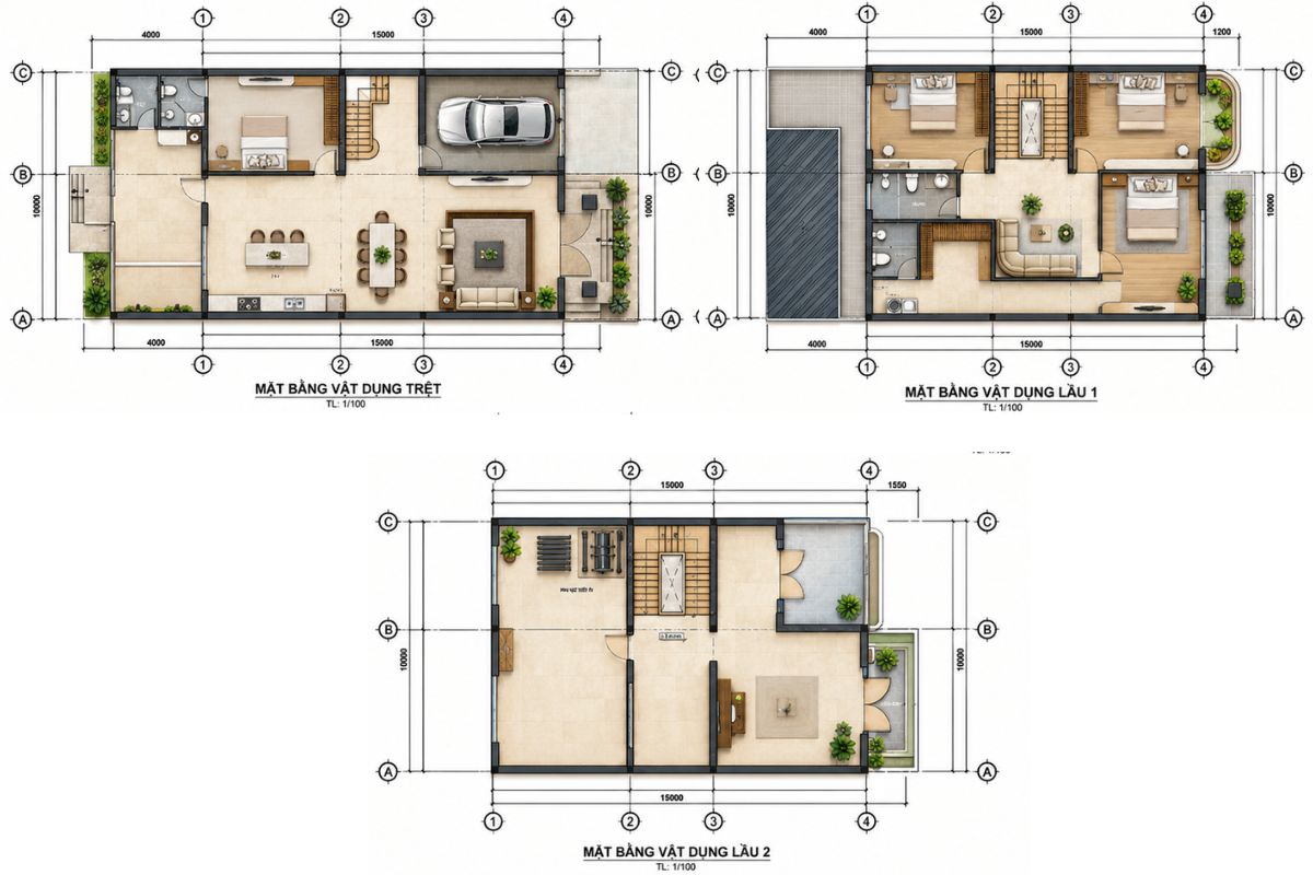 20+ Mẫu Biệt Thự 3 Tầng 4 Phòng Ngủ Đẹp, Tiện Nghi Kèm Bản Vẽ 24 Bản vẽ biệt thự 3 tầng 4 phòng ngủ bố trí một phòng ngủ tầng trệt cho người lớn tuổi và ba phòng ngủ tại tầng 2 (Ảnh: Sưu tầm)