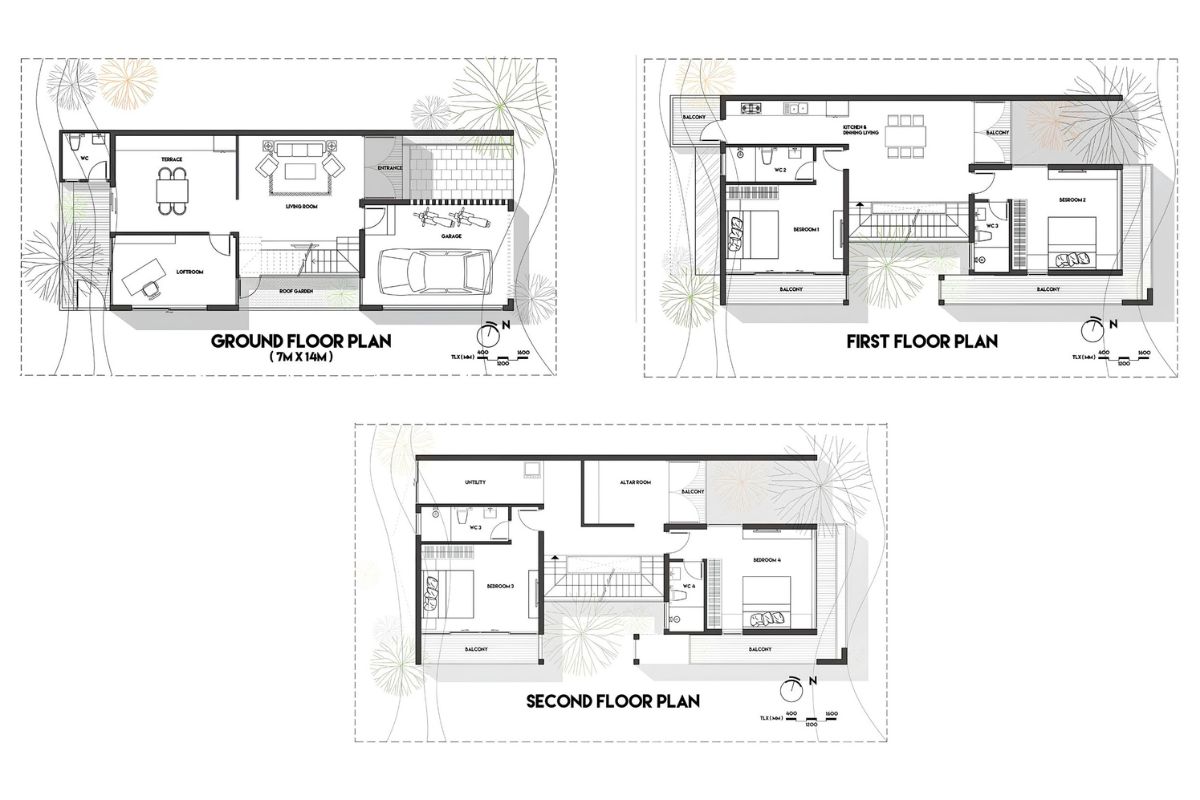 20+ Mẫu Biệt Thự 3 Tầng 4 Phòng Ngủ Đẹp, Tiện Nghi Kèm Bản Vẽ 25 Mặt bằng biệt thự 3 tầng phân chia bốn phòng ngủ tại hai tầng trên, đảm bảo sự riêng tư và thuận tiện sinh hoạt (Ảnh: Sưu tầm)