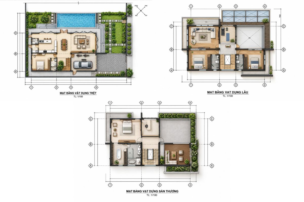 20+ Mẫu Biệt Thự 3 Tầng 4 Phòng Ngủ Đẹp, Tiện Nghi Kèm Bản Vẽ 26 Phương án bố trí công năng 4 phòng ngủ linh hoạt trên ba tầng, phù hợp với nhu cầu sử dụng của gia đình nhiều thế hệ (Ảnh: Sưu tầm)