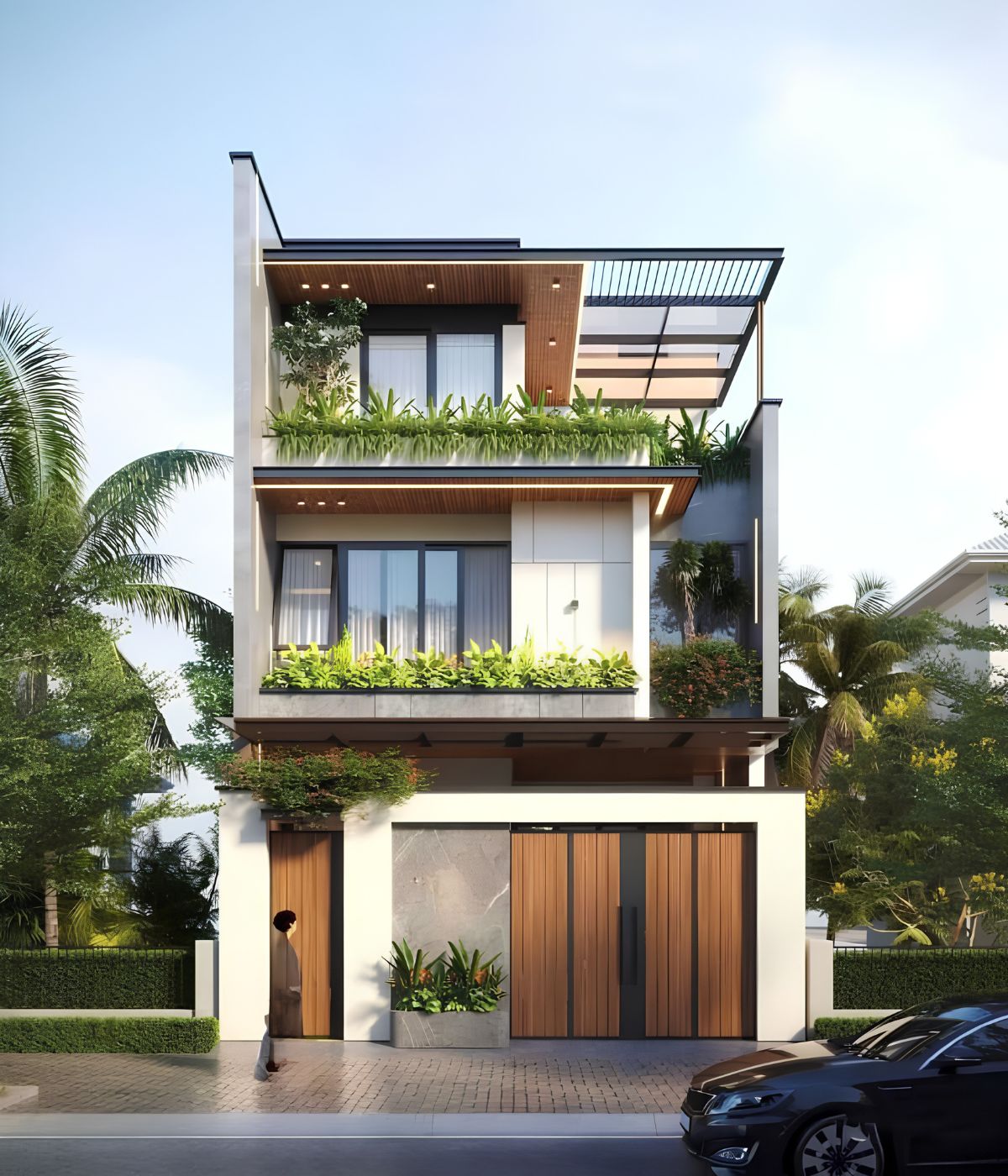 20+ Mẫu Biệt Thự 3 Tầng 4 Phòng Ngủ Đẹp, Tiện Nghi Kèm Bản Vẽ 19 Biệt thự 3 tầng 4 phòng ngủ có sân vườn kết hợp thảm cỏ, tiểu cảnh và các khoảng xanh bao quanh công trình (Ảnh: Sưu tầm)