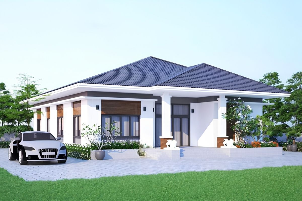 Mẫu biệt thự 3 tỷ đẹp 2026 kèm mặt bằng và dự toán chi phí 3 Mẫu biệt thự 1 tầng 3 tỷ nổi bật với mái Thái xanh thanh lịch và hệ cửa kính khung nhôm hiện đại (Ảnh: Sưu tầm)