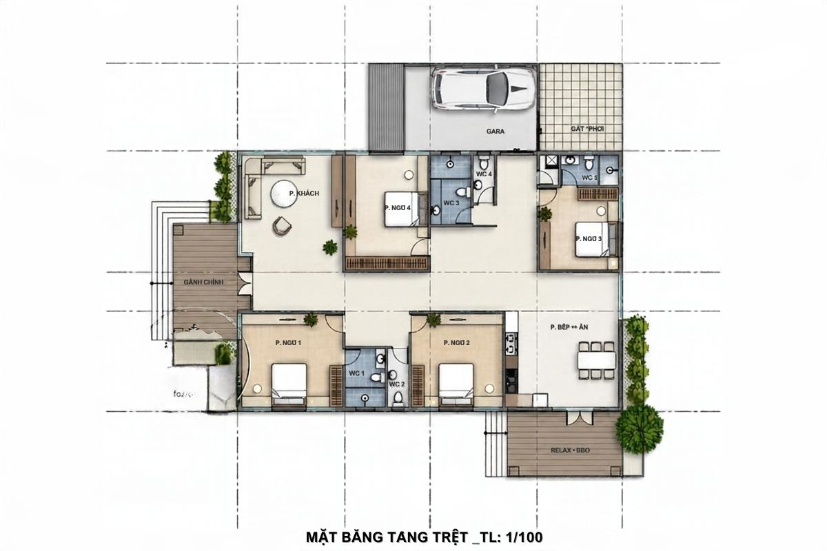 Mẫu biệt thự 3 tỷ đẹp 2026 kèm mặt bằng và dự toán chi phí 4 Mặt bằng biệt thự 1 tầng 150m² bố trí 4 phòng ngủ, không gian sinh hoạt chung rộng rãi và công năng thuận tiện (Ảnh: Sưu tầm)