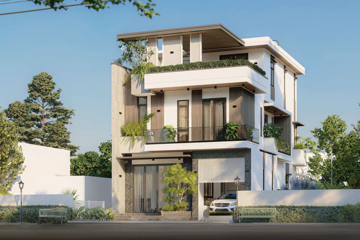 Mẫu biệt thự 3 tỷ đẹp 2026 kèm mặt bằng và dự toán chi phí 7 Biệt thự 3 tầng 3 tỷ phong cách hiện đại tối giản với hình khối vuông vức, mái bằng và hệ cửa kính lớn (Ảnh: Sưu tầm)