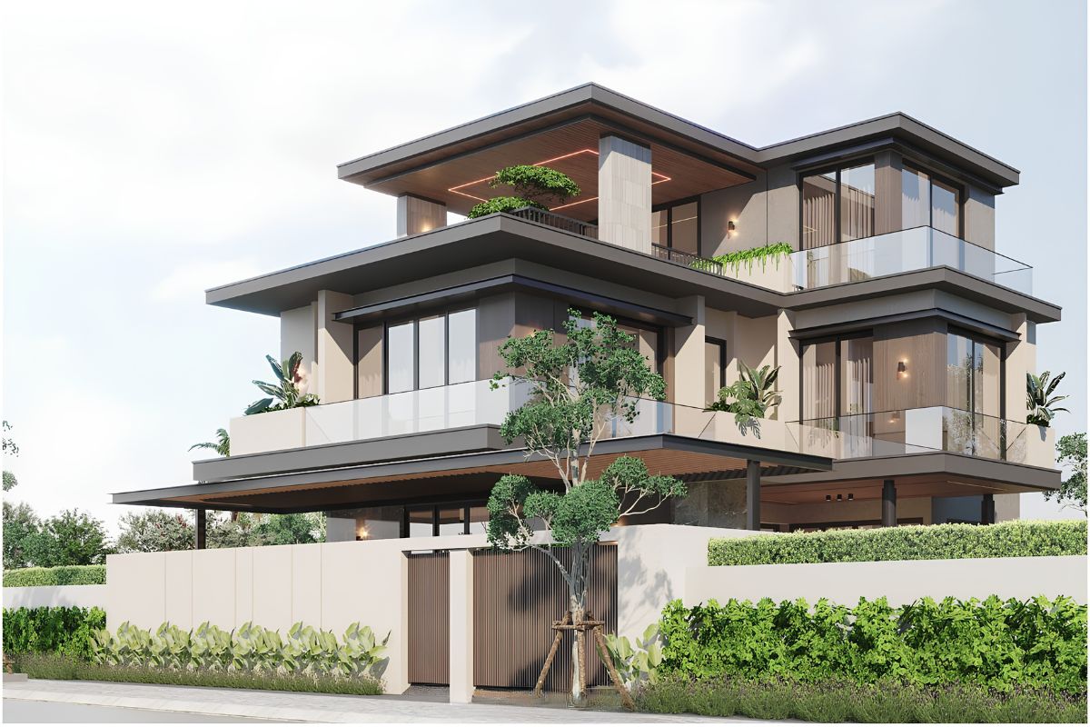 Mẫu biệt thự 3 tỷ đẹp 2026 kèm mặt bằng và dự toán chi phí 14 Thiết kế biệt thự chữ L 3 tỷ tạo khoảng sân trong thoáng đãng, tăng khả năng đón sáng và kết nối không gian sống (Ảnh: Sưu tầm)