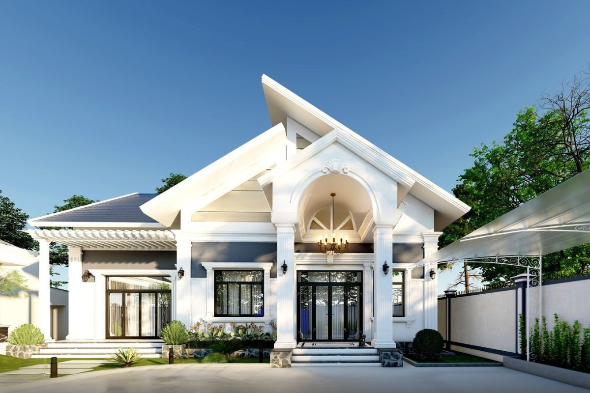 Mẫu biệt thự 3 tỷ đẹp 2026 kèm mặt bằng và dự toán chi phí 24 Biệt thự mái lệch hiện đại kết hợp hệ cửa kính cao, tăng khả năng đón sáng và tạo điểm nhấn cho mặt tiền (Ảnh: Sưu tầm)