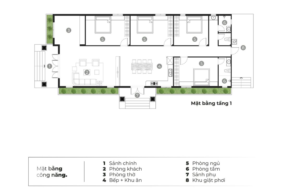 Mẫu biệt thự 3 tỷ đẹp 2026 kèm mặt bằng và dự toán chi phí 26 Mặt bằng biệt thự 1 tầng 3 tỷ bố trí 3 phòng ngủ, phòng khách và bếp ăn trên diện tích sàn khoảng 140m² (Ảnh: Sưu tầm)