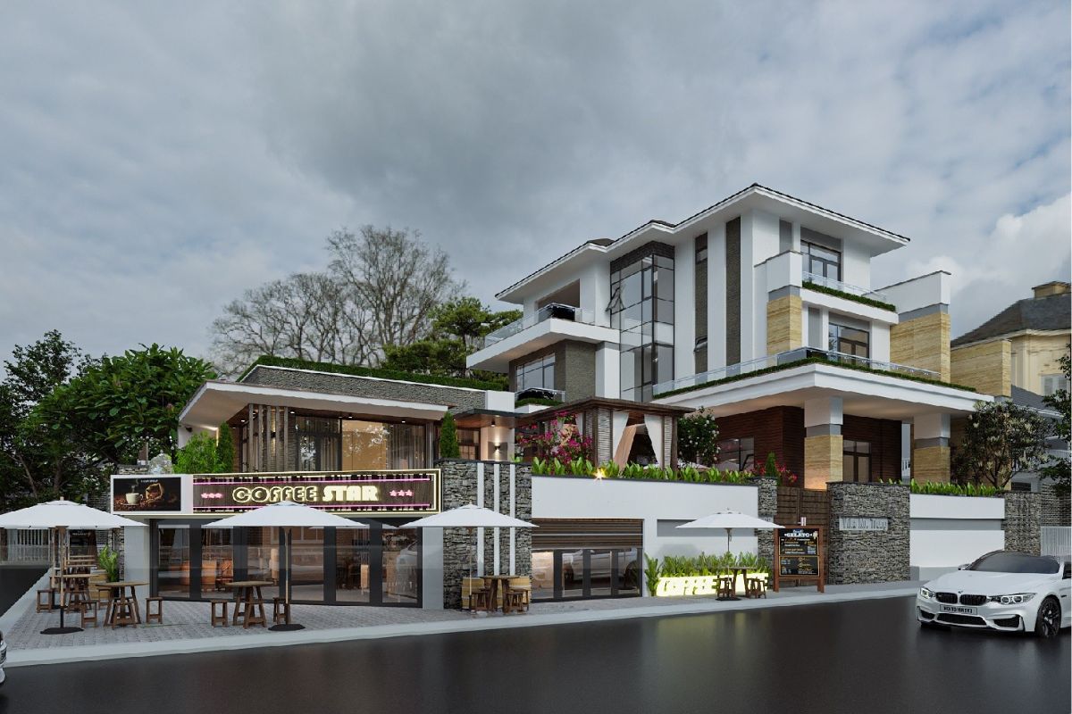 20+ Mẫu biệt thự 30 tỷ đẹp, đẳng cấp & chi phí 2026 26 Biệt thự 30 tỷ kết hợp kinh doanh được tổ chức công năng linh hoạt, đảm bảo sự riêng tư cho gia đình và thuận tiện vận hành (Ảnh: Sưu tầm)