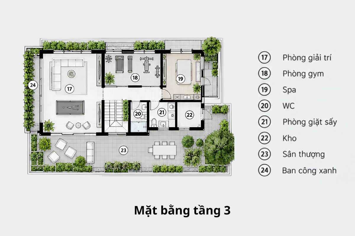 20+ Mẫu biệt thự 30 tỷ đẹp, đẳng cấp & chi phí 2026 29 Không gian giải trí biệt thự 30 tỷ được bố trí khoa học, tích hợp phòng gym, spa và các tiện ích thư giãn cao cấp (Ảnh: Sưu tầm)