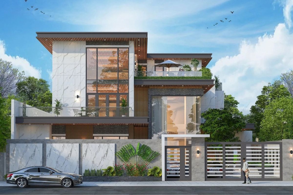 35+ Mẫu biệt thự 5 tỷ đẹp 2026: Xây được gì với ngân sách 5 tỷ? 10 Mẫu nhà biệt thự 5 tỷ có sân thượng xanh, kết hợp lan can kính và hệ lam trang trí hiện đại (Ảnh: Sưu tầm)