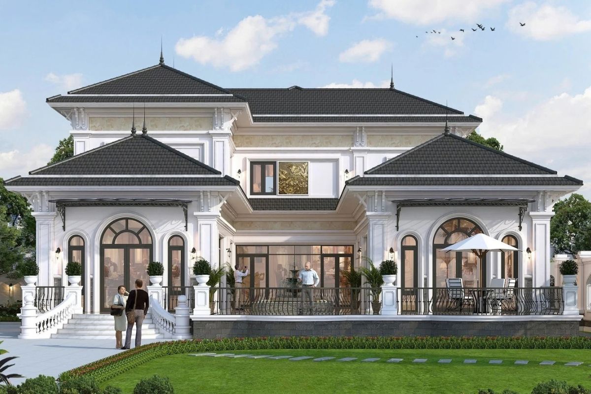 35+ Mẫu biệt thự 5 tỷ đẹp 2026: Xây được gì với ngân sách 5 tỷ? 13 Mẫu biệt thự 5 tỷ đẹp mái Nhật có sân vườn và khoảng hiên rộng phía trước (Ảnh: Sưu tầm)
