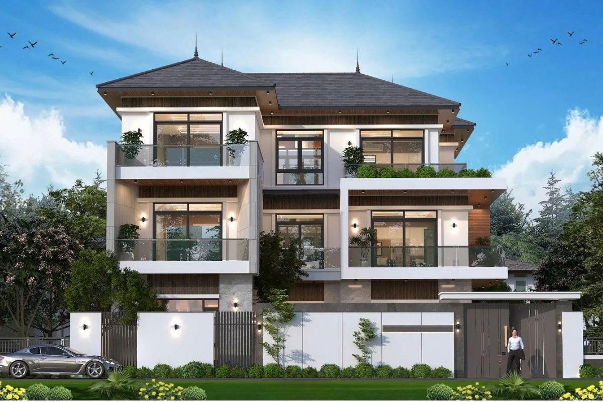 35+ Mẫu biệt thự 5 tỷ đẹp 2026: Xây được gì với ngân sách 5 tỷ? 14 Thiết kế biệt thự mái Nhật 5 tỷ hình chữ L với hệ mái đua rộng, tạo vẻ bề thế cho công trình (Ảnh: Sưu tầm)