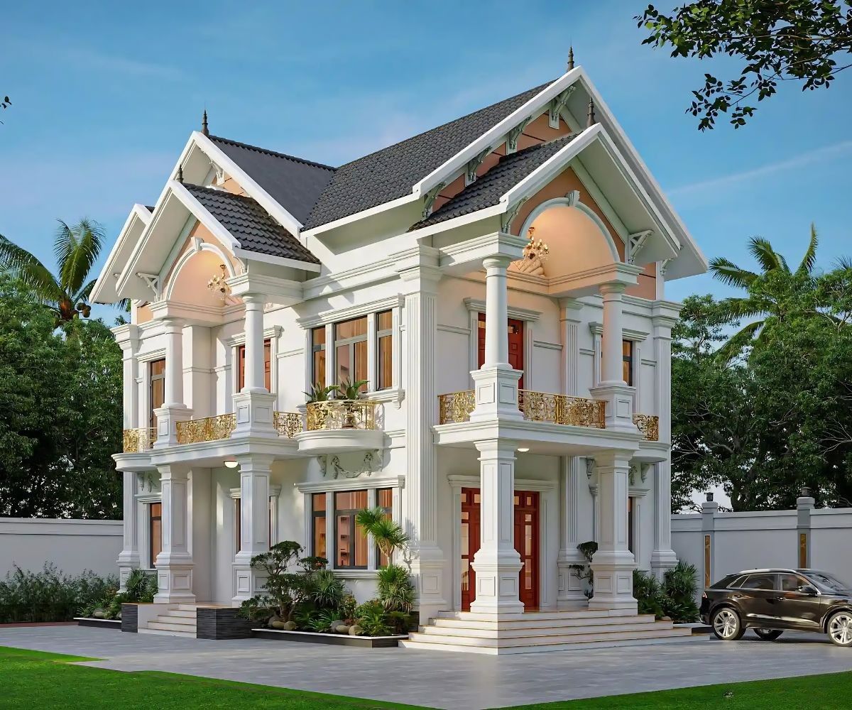 35+ Mẫu biệt thự 5 tỷ đẹp 2026: Xây được gì với ngân sách 5 tỷ? 16 Nhà biệt thự 5 tỷ mái Thái kết hợp tường trắng, mái ngói xanh và bố cục mặt tiền cân đối (Ảnh: Sưu tầm)