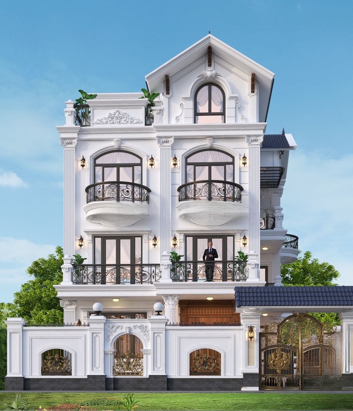 35+ Mẫu biệt thự 5 tỷ đẹp 2026: Xây được gì với ngân sách 5 tỷ? 18 Biệt thự 5 tỷ đẹp mái Thái sở hữu sảnh chính cao ráo, hệ cột vuông và mặt tiền bề thế (Ảnh: Sưu tầm)