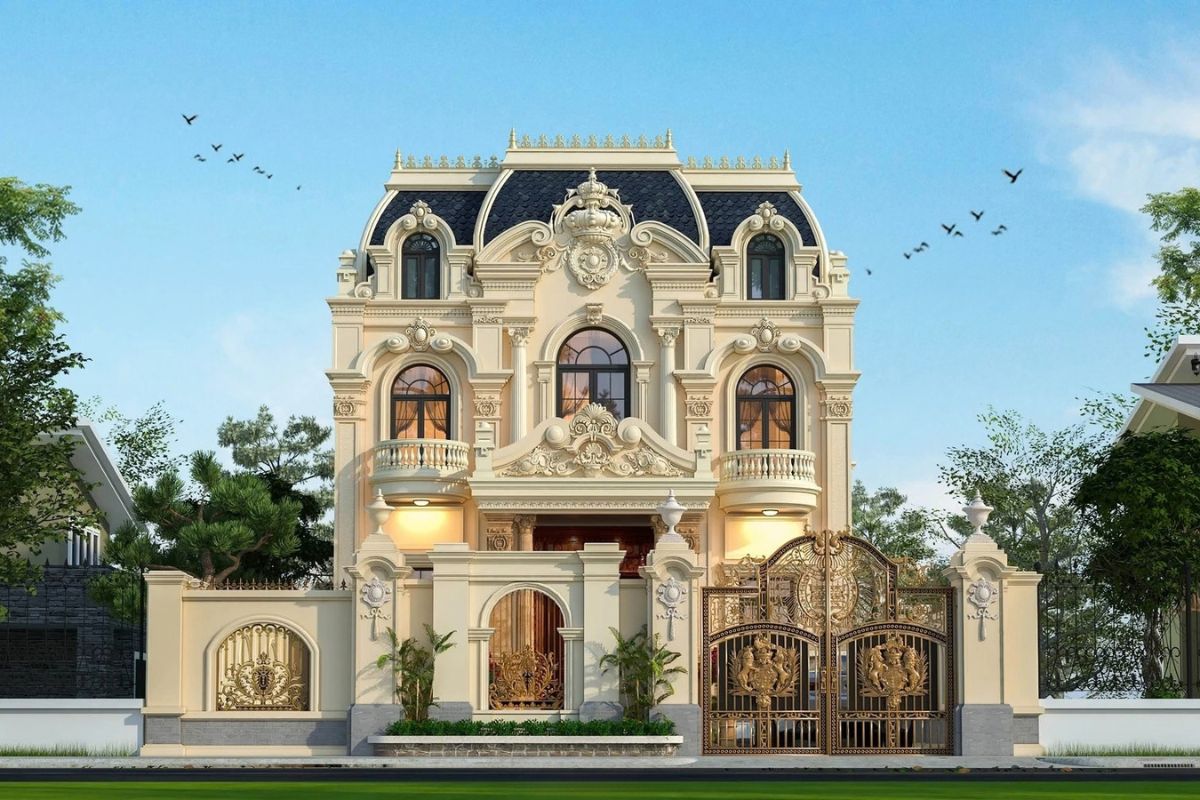 35+ Mẫu biệt thự 5 tỷ đẹp 2026: Xây được gì với ngân sách 5 tỷ? 22 Mẫu biệt thự 5 tỷ tân cổ điển kết hợp mái Mansard cách điệu, tạo vẻ đẹp bề thế và thanh lịch (Ảnh: Sưu tầm)