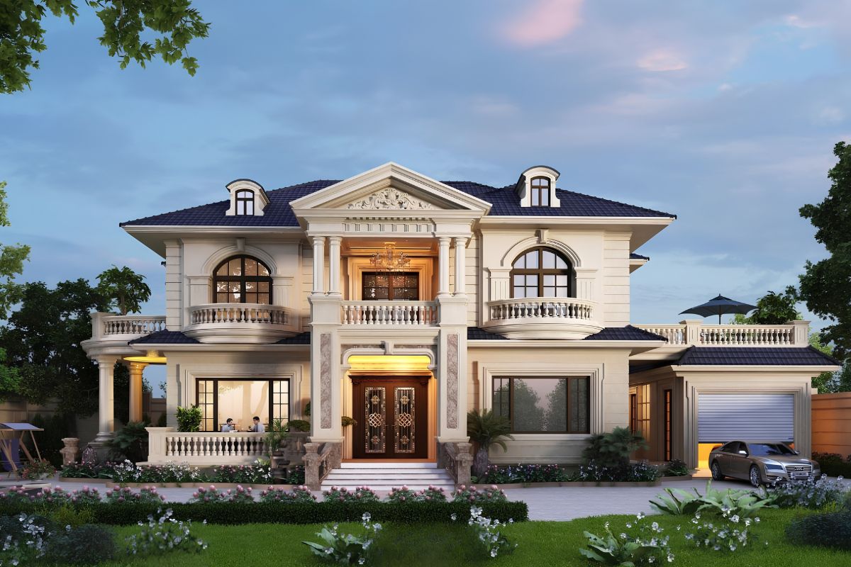 35+ Mẫu biệt thự 5 tỷ đẹp 2026: Xây được gì với ngân sách 5 tỷ? 28 Biệt thự hiện đại 5 tỷ tích hợp gara tầng trệt với hệ cửa đồng bộ cùng mặt tiền (Ảnh: Sưu tầm)