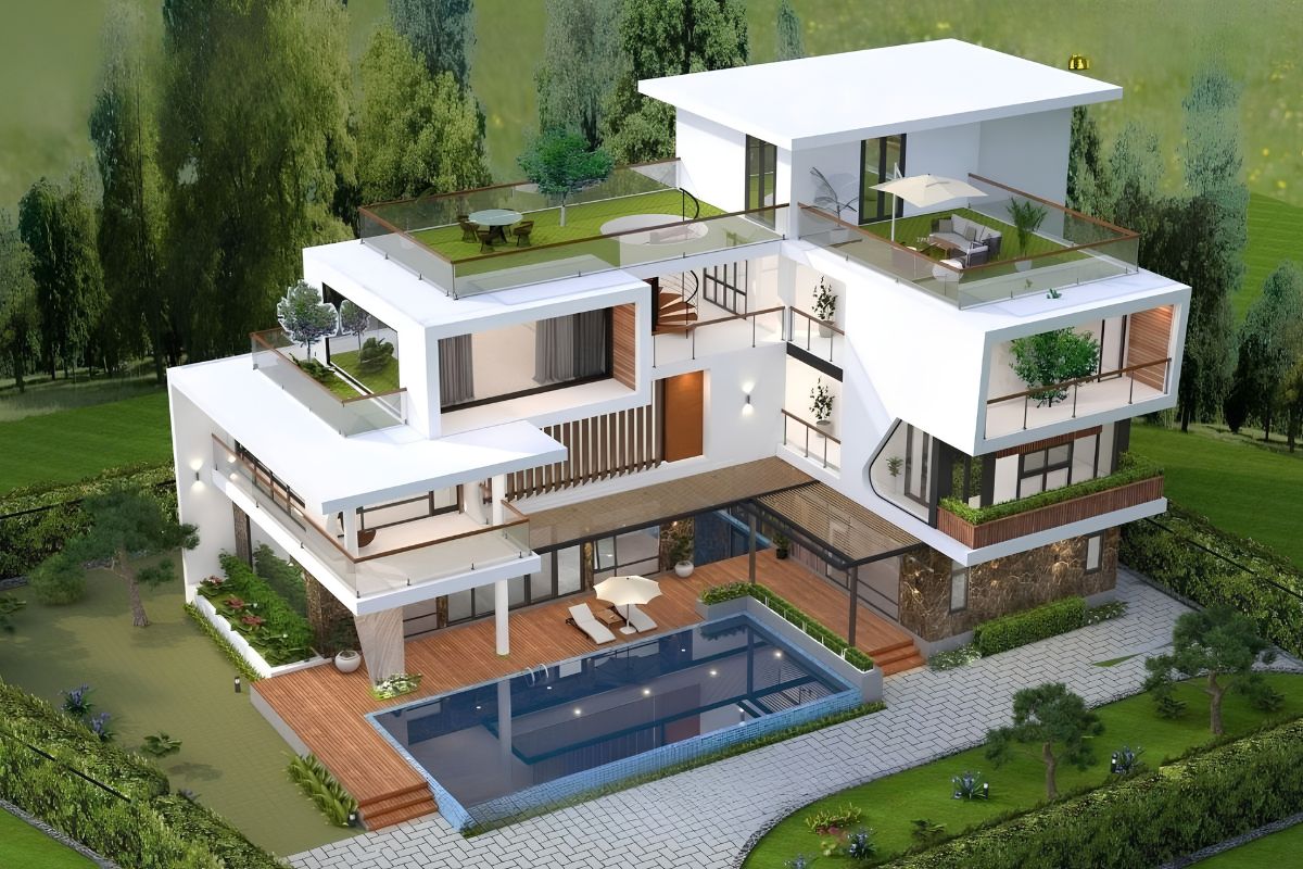 35+ Mẫu biệt thự 5 tỷ đẹp 2026: Xây được gì với ngân sách 5 tỷ? 31 Biệt thự 5 tỷ đẹp kết hợp hồ bơi hình chữ nhật, sàn đá chống trượt và hệ đèn sân vườn (Ảnh: Sưu tầm)