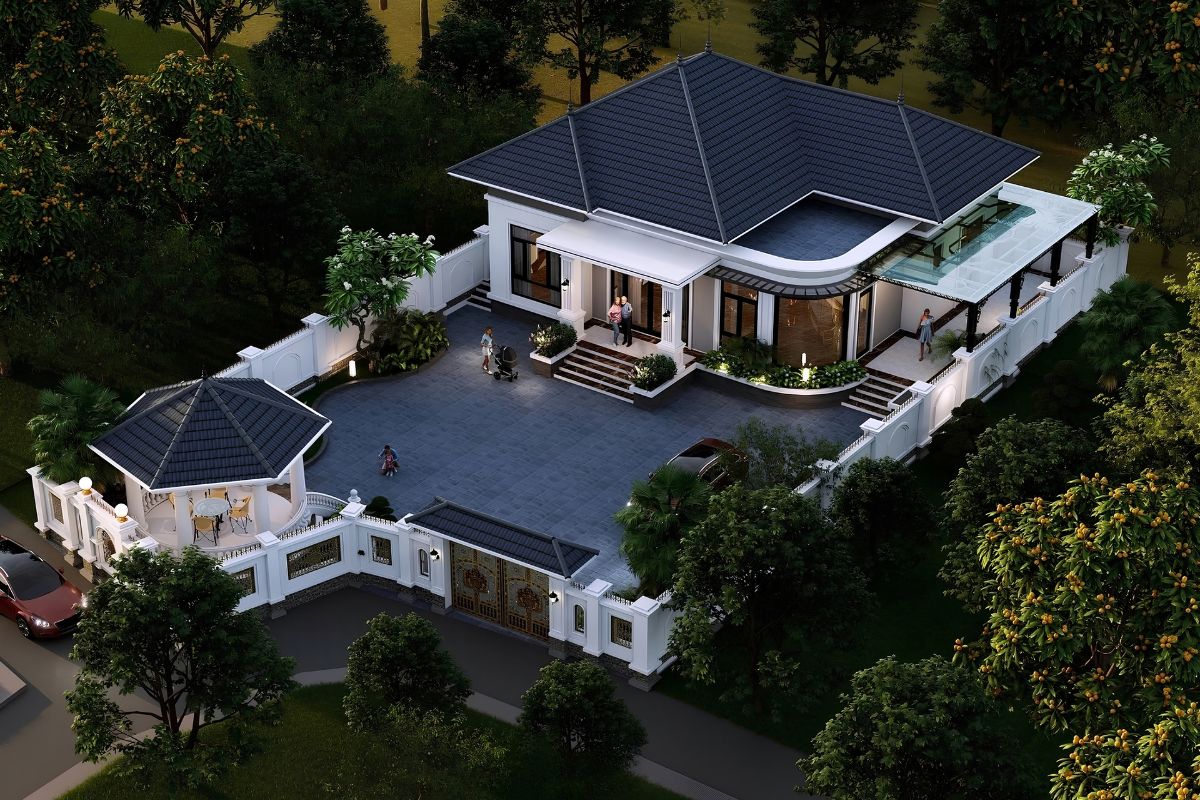 Biệt thự 600m2 1 tầng phát triển theo chiều ngang, tạo sự kết nối trực tiếp giữa công trình với sân vườn  (Ảnh: Sưu tầm)