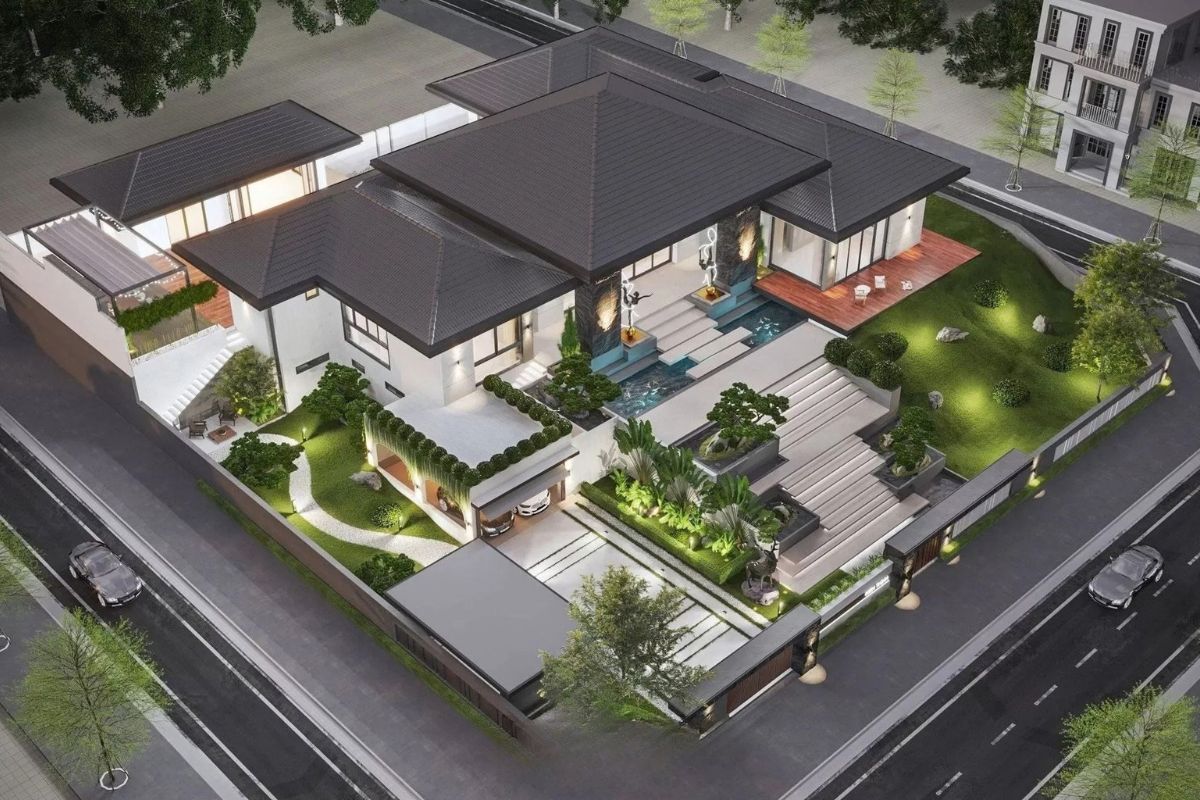 Kết hợp mái dốc và cảnh quan xanh giúp biệt thự nghỉ dưỡng 600m2 một tầng có vẻ đẹp gần gũi, thanh thoát  (Ảnh: Sưu tầm)
