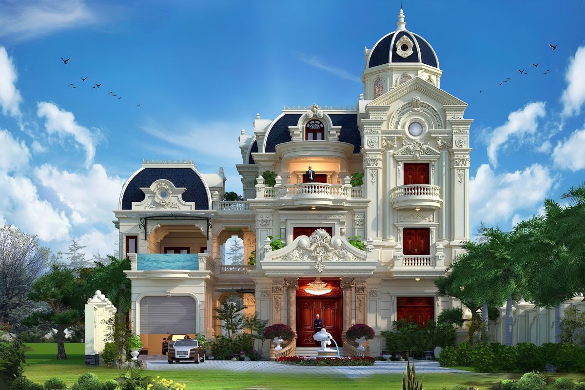 Sảnh lớn cùng mái Mansard tạo nên vẻ bề thế đặc trưng cho biệt thự 600m2 cổ điển Pháp  (Ảnh: Sưu tầm)