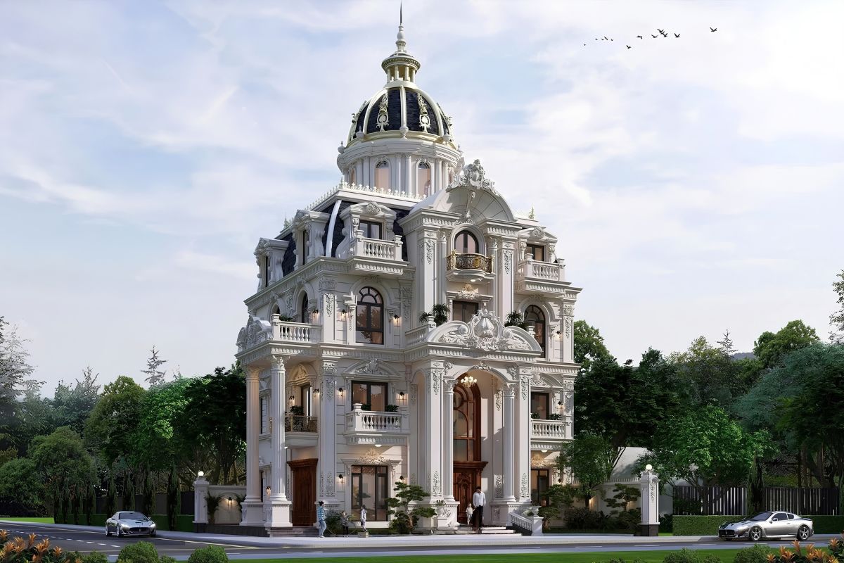 Biệt thự 600m2 tân cổ điển có thể tiết chế phào chỉ để giữ nét sang trọng nhưng nhẹ nhàng hơn kiến trúc cổ điển truyền thống  (Ảnh: Sưu tầm)