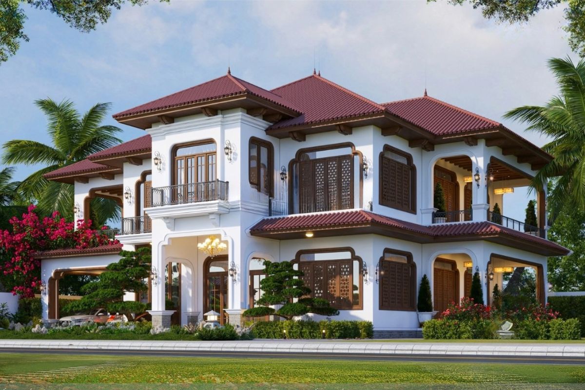 Mái dốc, hiên rộng và cửa chớp là những dấu ấn đặc trưng của mẫu biệt thự 600m2 phong cách Indochine  (Ảnh: Sưu tầm)