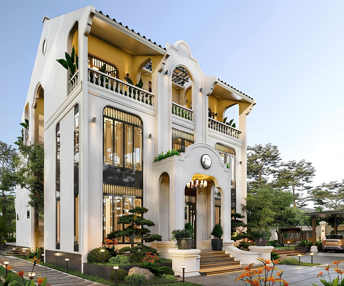 Cảnh quan nhiệt đới giúp biệt thự diện tích 600m2 phong cách Đông Dương thêm gần gũi và phù hợp với khí hậu Việt Nam  (Ảnh: Sưu tầm)