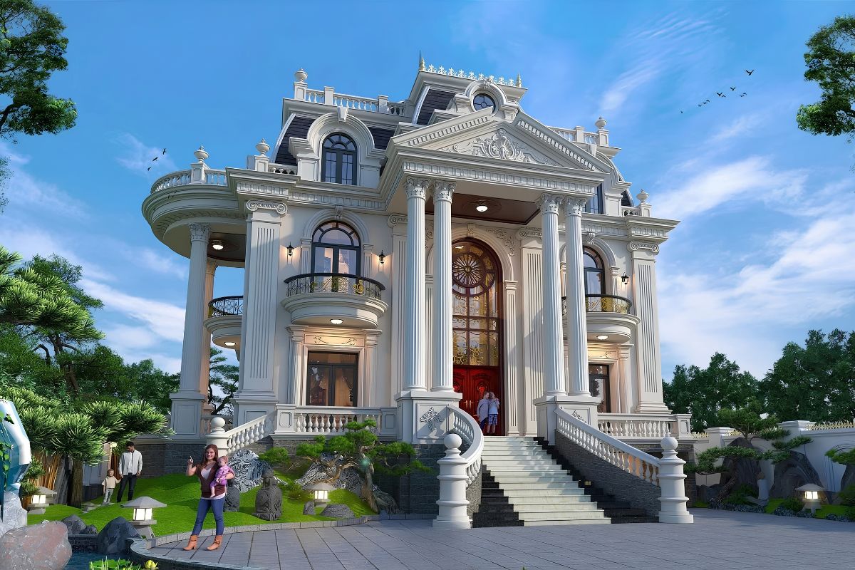 Quỹ đất rộng giúp mẫu biệt thự 600m2 phong cách châu Âu có đủ khoảng lùi để thể hiện trọn vẹn hình khối kiến trúc  (Ảnh: Sưu tầm)