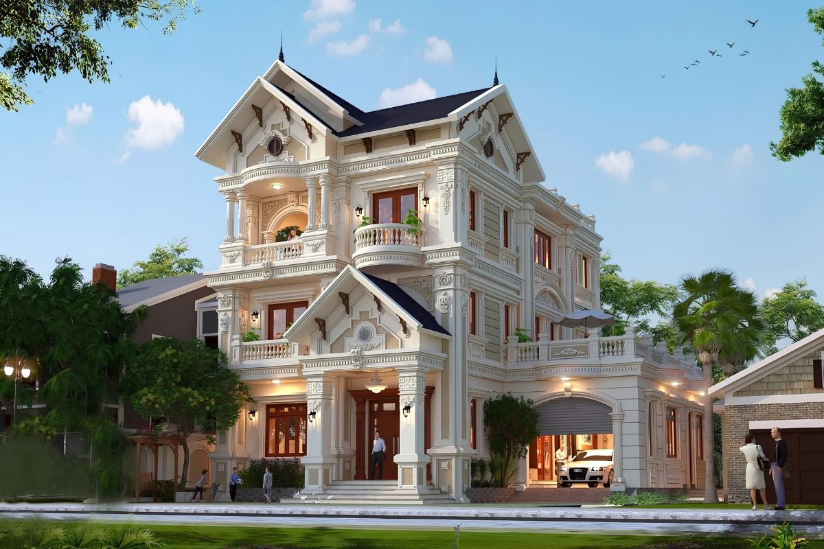 Hệ mái phân lớp giúp mẫu biệt thự 600m2 mái Thái có hình khối sinh động nhưng vẫn giữ được sự cân đối  (Ảnh: Sưu tầm)