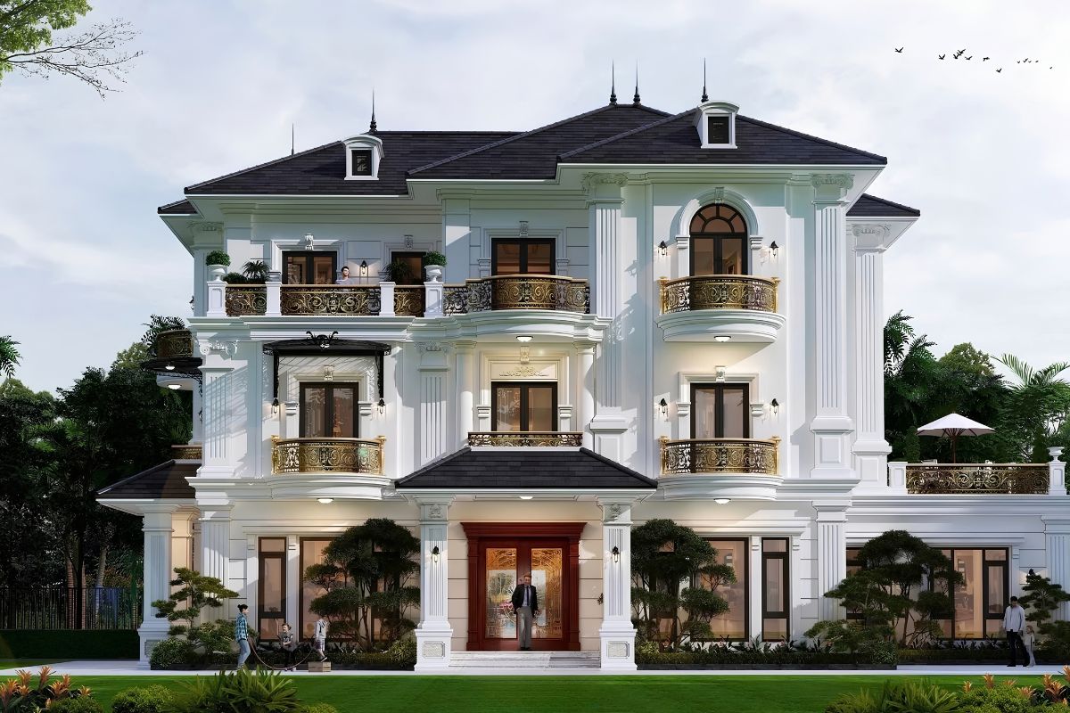 Kiểu mái có độ dốc vừa phải giúp biệt thự 600m2 hiện đại hài hòa hơn với cảnh quan sân vườn  (Ảnh: Sưu tầm)