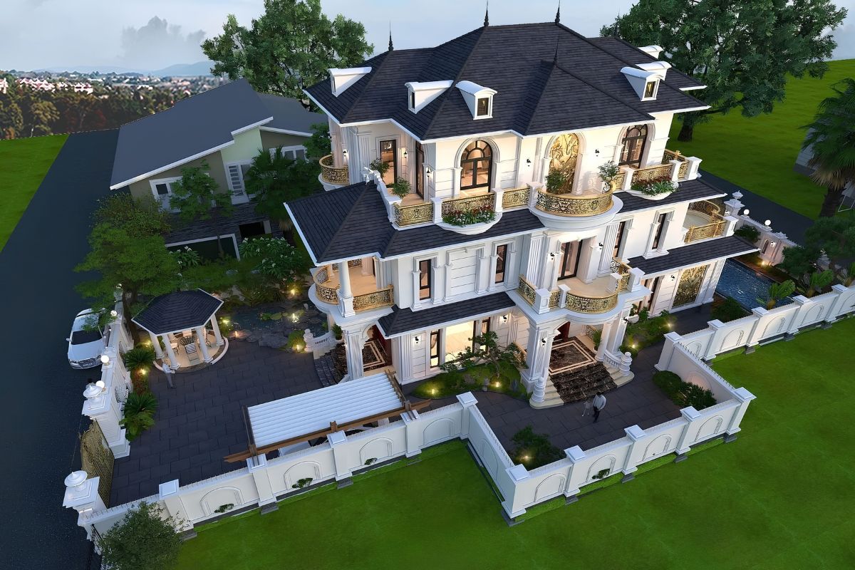 Với biệt thự 600m2 mặt tiền 20m, việc xử lý khoảng lùi và tỷ lệ hình khối giúp công trình vẫn giữ được vẻ rộng thoáng  (Ảnh: Sưu tầm)