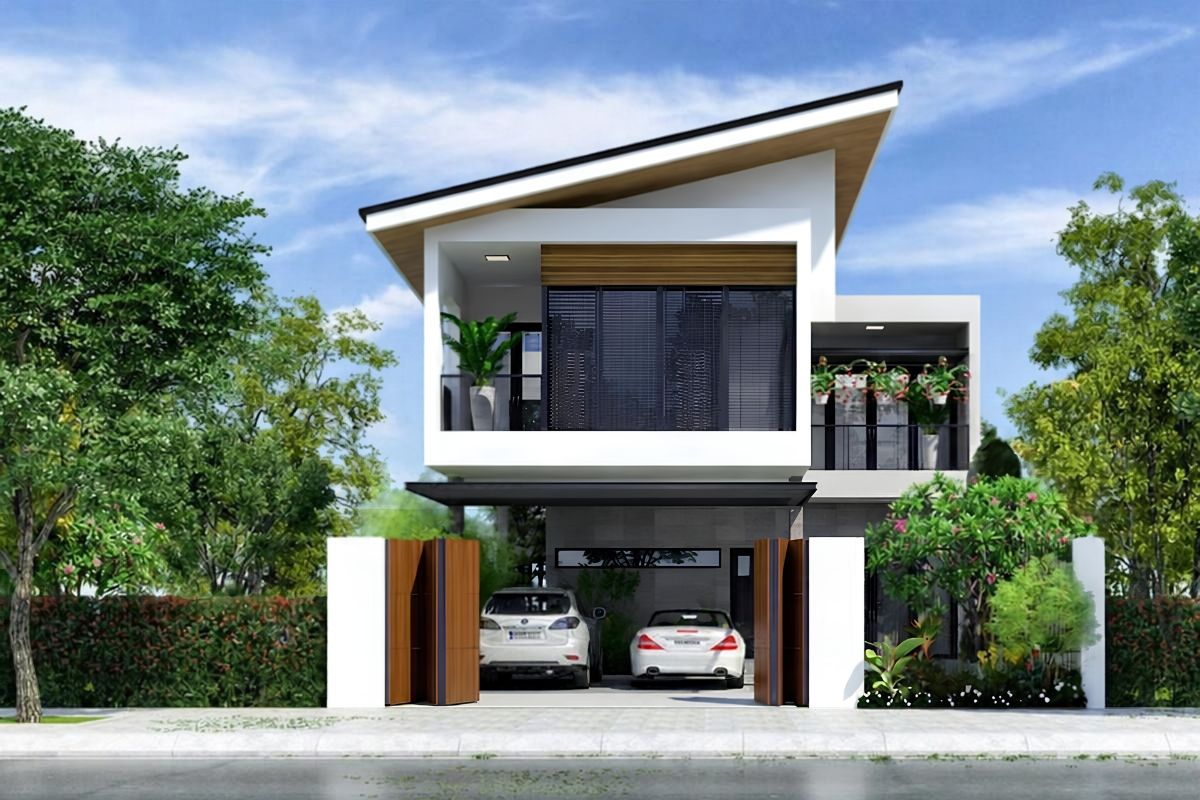30+ Mẫu Biệt Thự Mái Lệch Đẹp, Hiện Đại & Chi Phí 2026 8 Thiết kế biệt thự mái lệch 2 tầng kết hợp kính, gỗ và đá tự nhiên, tạo chiều sâu cho kiến trúc mặt tiền (Ảnh: Sưu tầm)