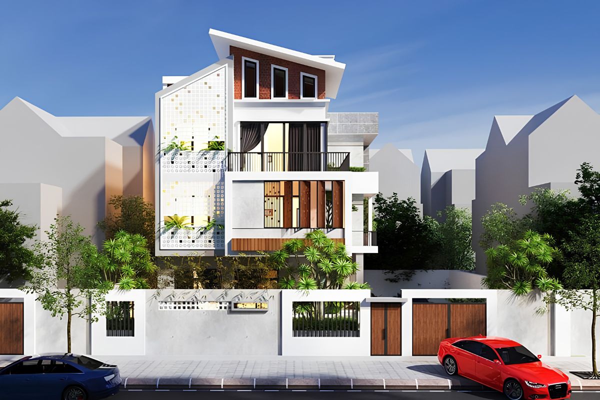 30+ Mẫu Biệt Thự Mái Lệch Đẹp, Hiện Đại & Chi Phí 2026 14 Biệt thự phong cách tối giản kết hợp mái lệch với những khối nhà vuông vức, đề cao sự tinh gọn trong kiến trúc (Ảnh: Sưu tầm)