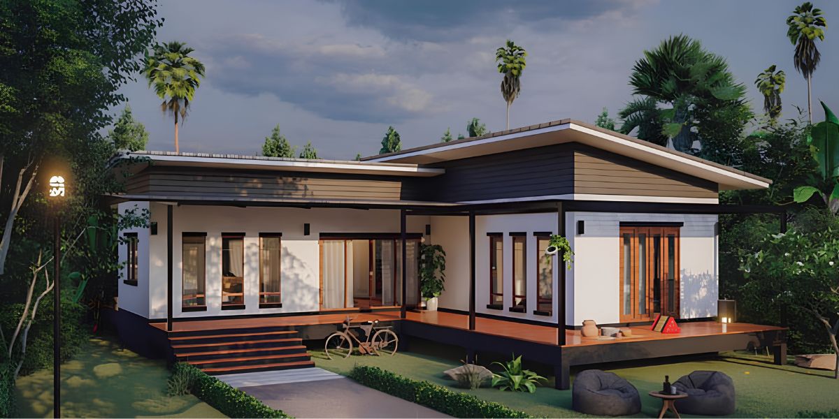 30+ Mẫu Biệt Thự Mái Lệch Đẹp, Hiện Đại & Chi Phí 2026 16 Biệt thự nhà vườn mái lệch mang đến không gian sống gần gũi thiên nhiên với sân cỏ và cây xanh bao quanh (Ảnh: Sưu tầm)