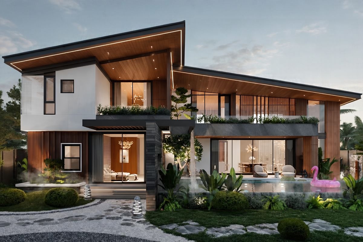 30+ Mẫu Biệt Thự Mái Lệch Đẹp, Hiện Đại & Chi Phí 2026 18 Mẫu biệt thự mái lệch đẹp với cửa kính lớn mở ra sân vườn, tăng sự kết nối giữa nội thất và cảnh quan (Ảnh: Sưu tầm)