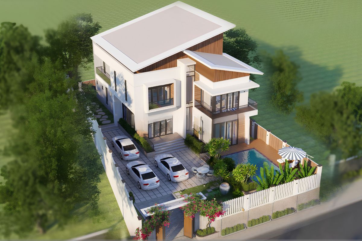 30+ Mẫu Biệt Thự Mái Lệch Đẹp, Hiện Đại & Chi Phí 2026 20 Biệt thự mái lệch kết hợp hồ bơi sở hữu vẻ đẹp nghỉ dưỡng với hình khối bất đối xứng và cảnh quan mặt nước (Ảnh: Sưu tầm)