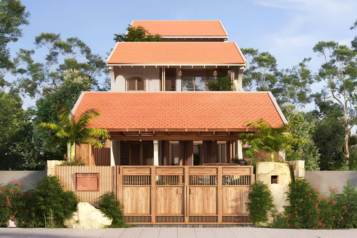 Biệt thự ngói đỏ phong cách Á Đông hiện đại kết hợp mái dốc, gỗ, đá và cửa kính để tạo vẻ đẹp gần gũi nhưng tinh tế  (Ảnh: Sưu tầm)