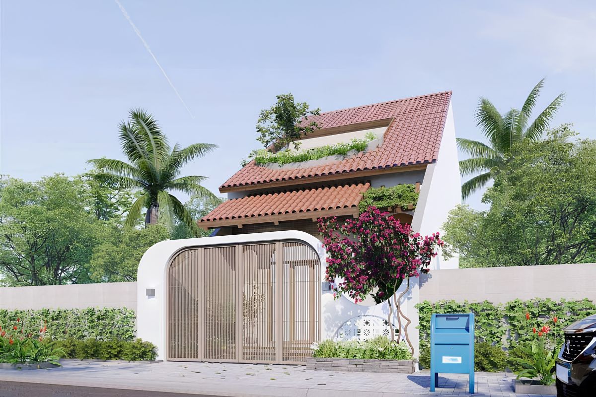 Cách chia mái thành nhiều khối giúp biệt thự ngói đỏ hiện đại có hình thức thanh thoát và giàu chiều sâu hơn  (Ảnh: Sưu tầm)