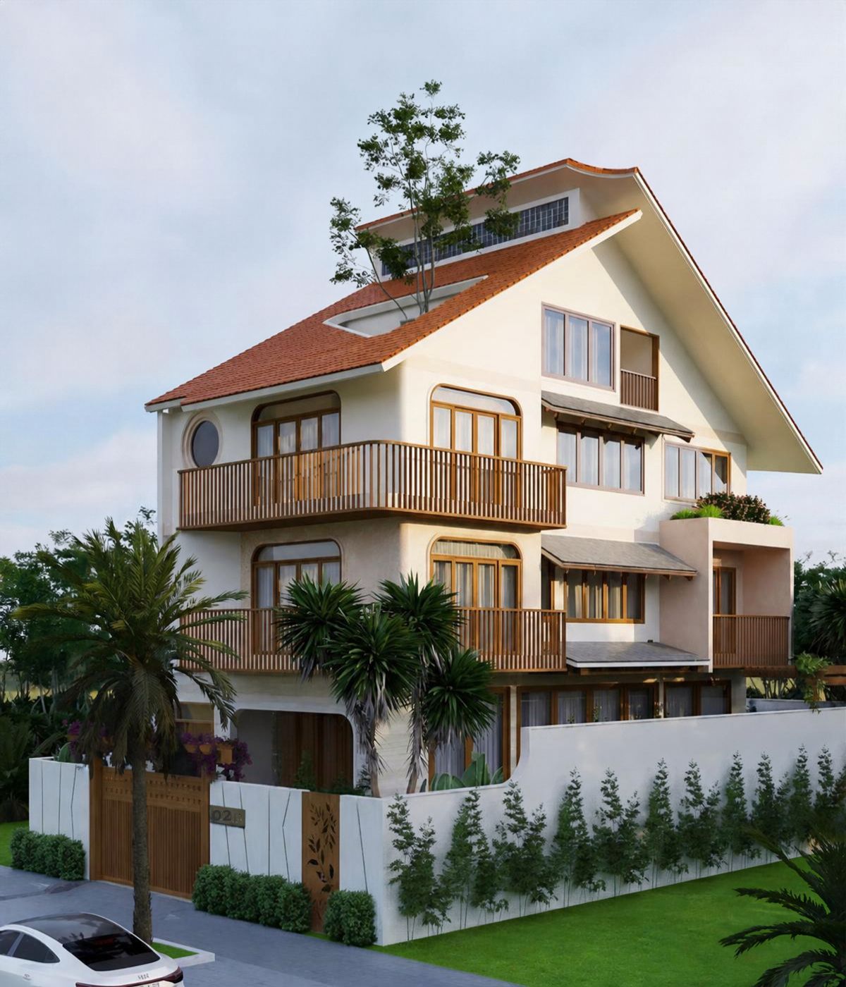 Không gian mở kết nối phòng khách, bếp và sân vườn giúp thiết kế biệt thự ngói đỏ đáp ứng tốt nhịp sống hiện đại (Ảnh: Sưu tầm)