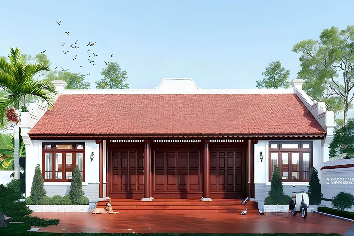 Thiết kế biệt thự ngói đỏ kiểu ba gian có thể mở rộng công năng mà vẫn giữ được bố cục cân đối, đối xứng  (Ảnh: Sưu tầm)