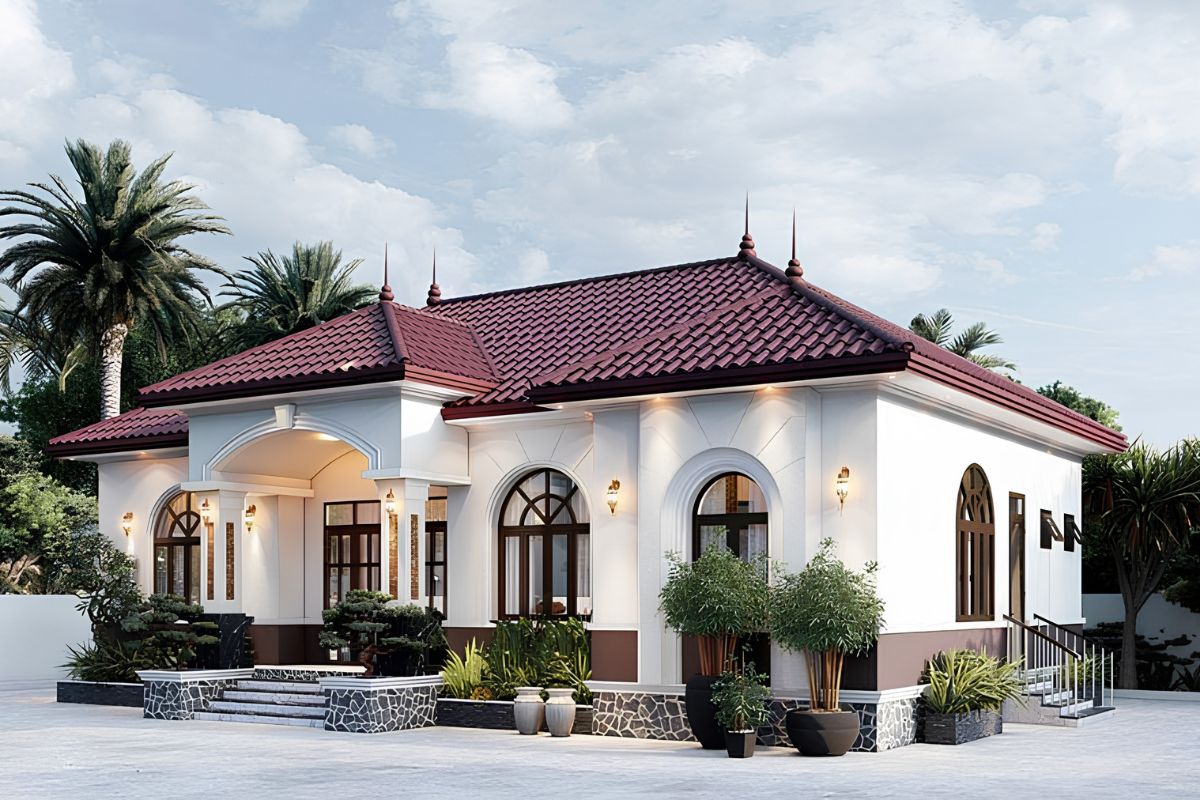Mái đỏ nổi bật trên nền cây xanh giúp mẫu biệt thự ngói đỏ đẹp trở thành điểm nhấn giữa cảnh quan sân vườn  (Ảnh: Sưu tầm)